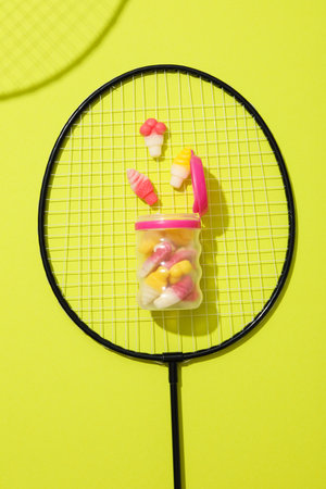 Jelly candies in jar on tennis racket on green background, top view