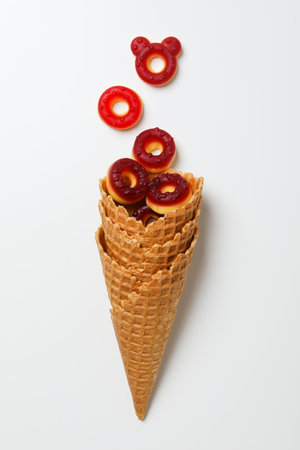 Jelly candies in waffles cones on white background, top viewの写真素材