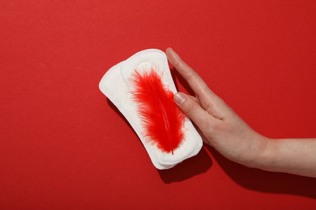 Menstrual pad with red feathers on a red background.の写真素材
