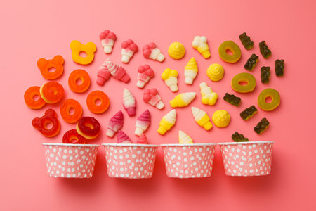 Jelly candies and paper cups on pink background, top viewの写真素材
