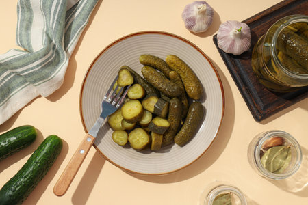 Tasty canned food concept, canned cucumbers, food for winterの写真素材