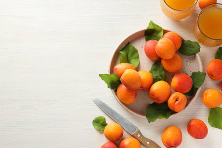 Composition with apricot, concept of tasty and fresh fruitの写真素材