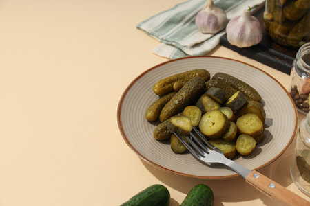 Tasty canned food concept, canned cucumbers, food for winterの写真素材