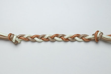 Braided multicolored ropes on a white background. concept of unity.