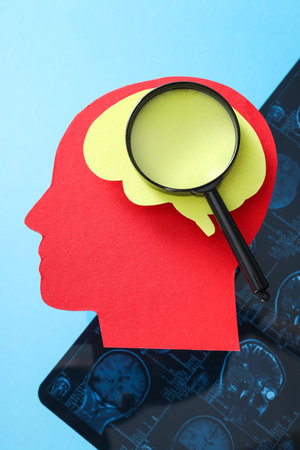 MRI images or magnetic resonance imaging with paper human head and brain.の写真素材