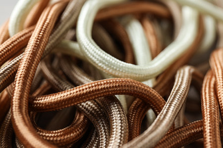 Close-up of a bunch of colorful braided shoelaces.の写真素材