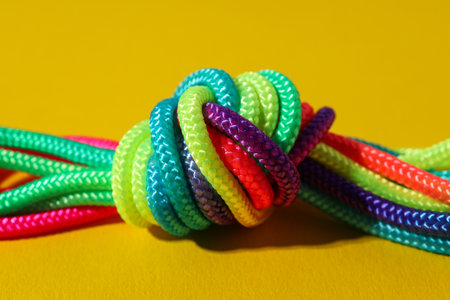 A knot of multi-colored laces on a yellow backgroundの写真素材