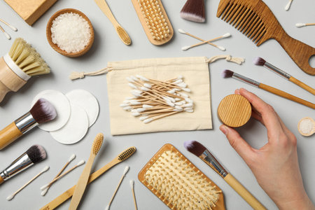 Self care concept, bamboo accessories for self careの写真素材