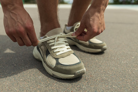 A man is lacing up sports sneakers, close-up