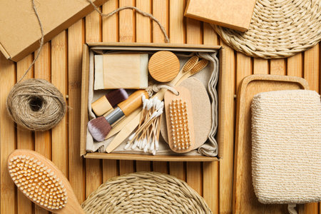 Self care concept, bamboo accessories for self careの写真素材