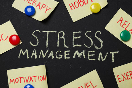 Text Stress management and paper on black backgroundの写真素材