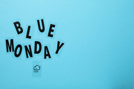 Blue Monday text on blue background, space for textの写真素材
