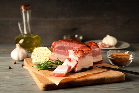 Meat food and tasty food concept - delicious baconの写真素材