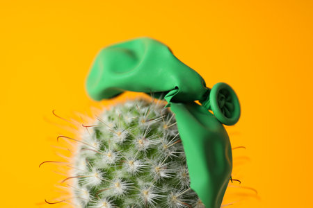 Bursting balloon and cactus on yellow background, close upの写真素材