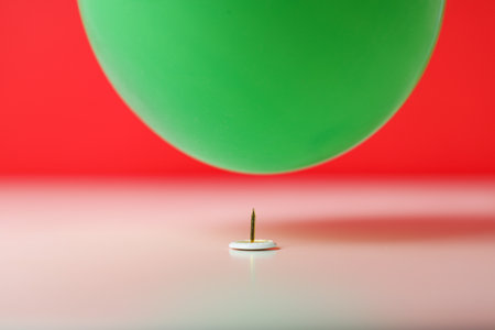 Stationery needle and ball on red background, close upの写真素材