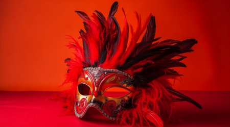 Colorful Brazilian carnival mask on a red background, created with Generative AI technology.の素材
