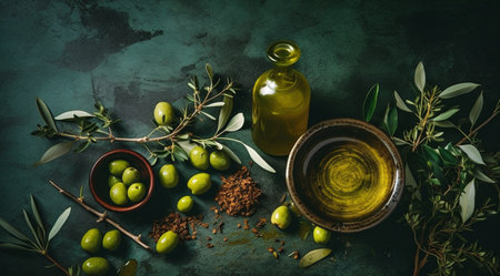 A bottle of olive oil and olives on a green table, created with Generative AI technology.の素材