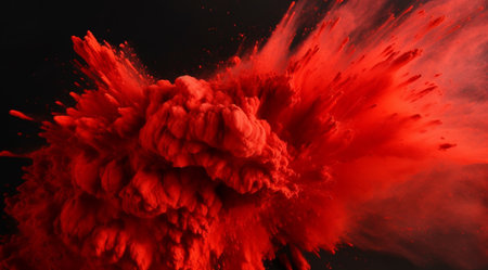 An explosion of bright red powder on a black background, created with Generative AI technology.の素材