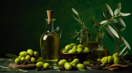 A bottle of olive oil and olives on a green table, created with Generative AI technology.の素材