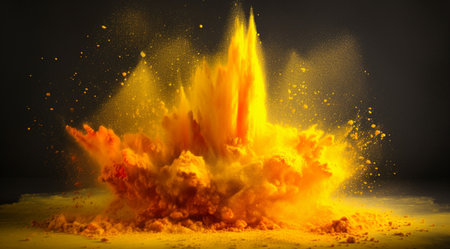 An explosion of bright yellow powder on a black background, created with Generative AI technology.の素材