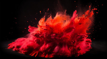 An explosion of bright red powder on a black background, created with Generative AI technology.の素材