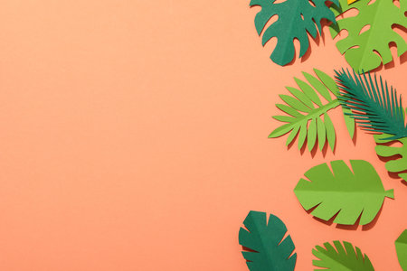 Paper green tropical leaves on a peach background.の写真素材