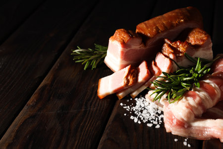 Meat food and tasty food concept - delicious baconの写真素材
