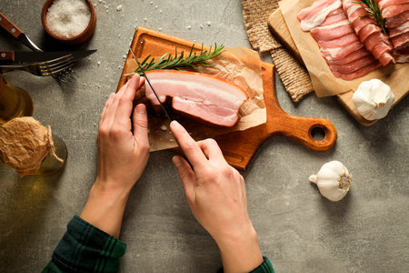 Meat food and tasty food concept - delicious baconの写真素材