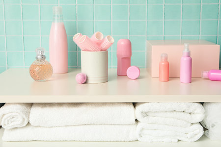 A shelf in the bathroom with care products.の写真素材