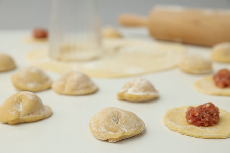 Cooking home food concept with raw dumplingsの写真素材