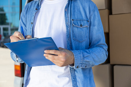 A courier with a folder in his hands near a car with boxesの写真素材
