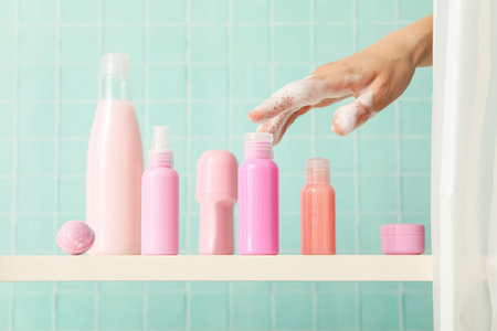 A shelf in the bathroom with care products.の写真素材