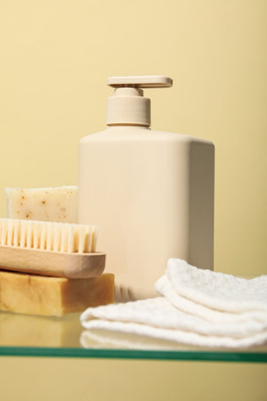 Hygiene products on the shelf in the bathroom.