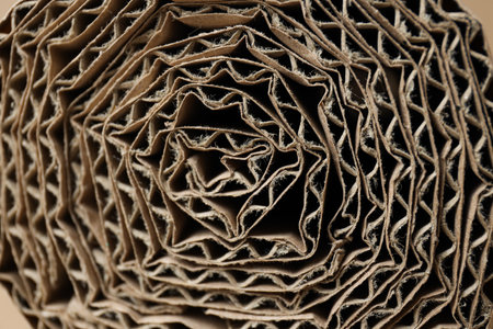 Corrugated cardboard is laid out in rolls on the table.の写真素材