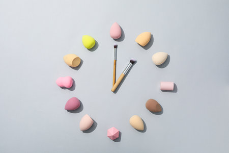 Cosmetic sponges and brushes in form of clock on gray background, top viewの写真素材