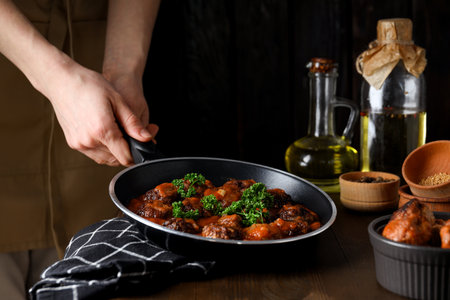 Tasty meat food and homemade food concept - meatballsの写真素材