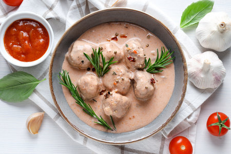 Tasty meat food and homemade food concept - meatballsの写真素材