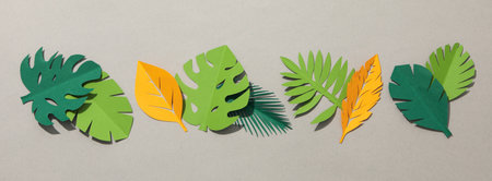 Paper green and yellow tropical leaves on a gray background.の写真素材
