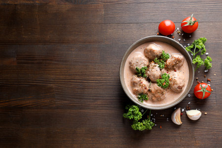Tasty meat food and homemade food concept - meatballsの写真素材