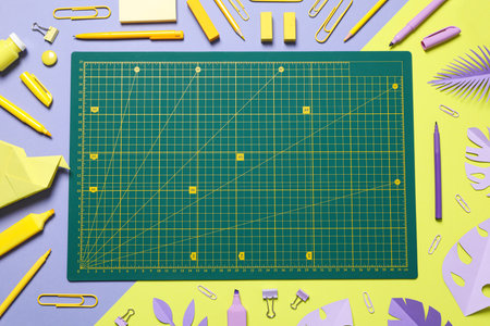 Patchwork accessories concept on yellow background, mat cutting