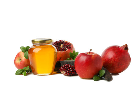 PNG, apples, pomegranates and jar of honey, isolated on white backgroundの写真素材