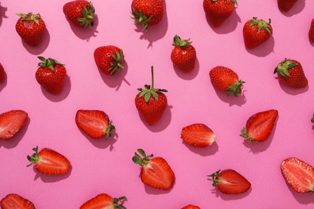 Strawberries in pieces and whole on pink background, top viewの写真素材