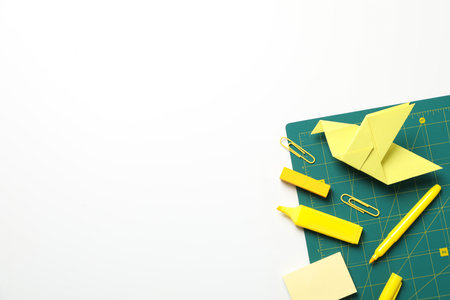 Patchwork accessories concept on white background, cutting matの写真素材