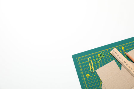 Patchwork accessories concept on white background, cutting matの写真素材