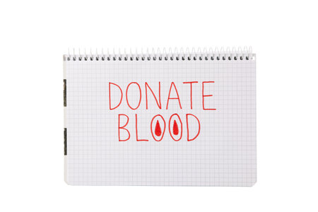 PNG,notebook with the inscription "donate blood". Blood donation isolated on white backgroundの写真素材
