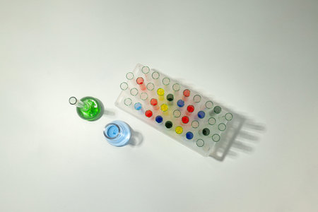 Glass flasks and test tubes with colorful liquids on white background, top view