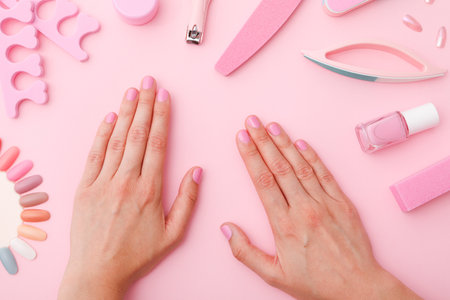 Female hands with manicure on pink background, top viewの写真素材
