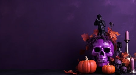 Halloween decorations with skulls and candles, created with Generative AI technology.の素材