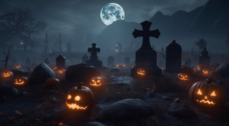 Pumpkins in the cemetery, created with Generative AI technology.の素材