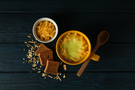 Tasty lunch concept with delicious cheese soupの写真素材